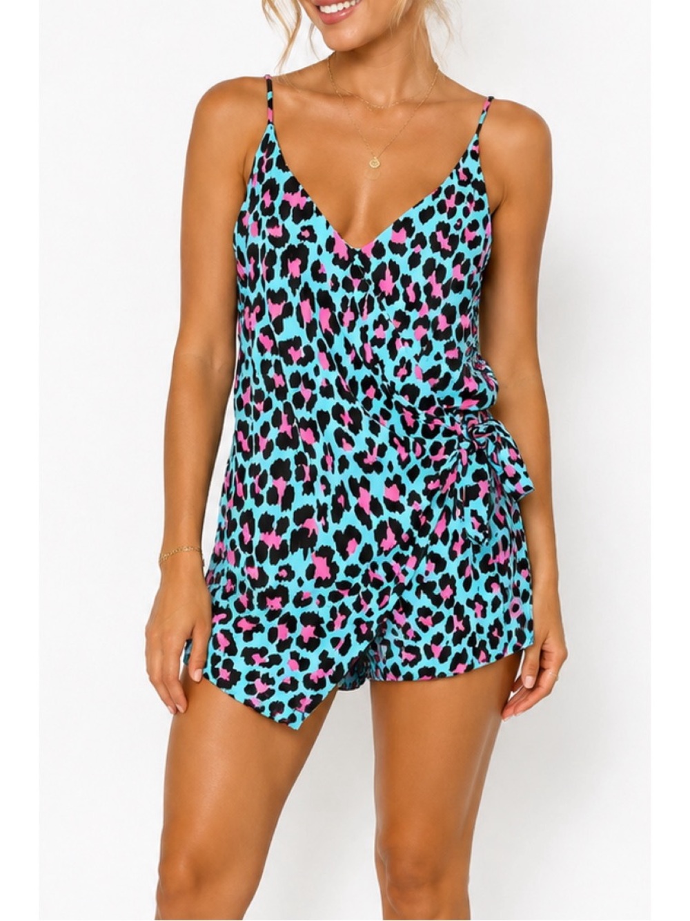 Peace Love Cake blue & pink leopard print romper